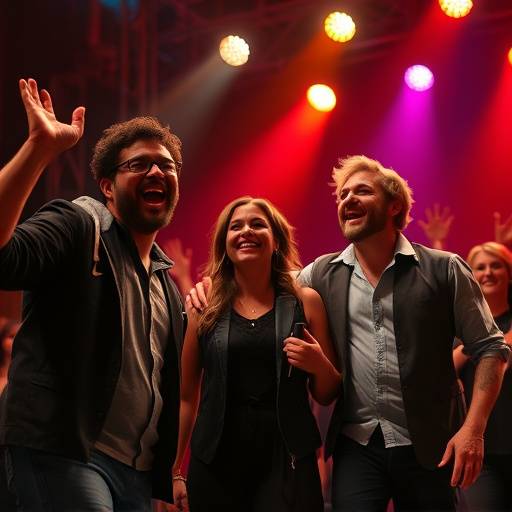 A vibrant group of actors on stage, performing with passion